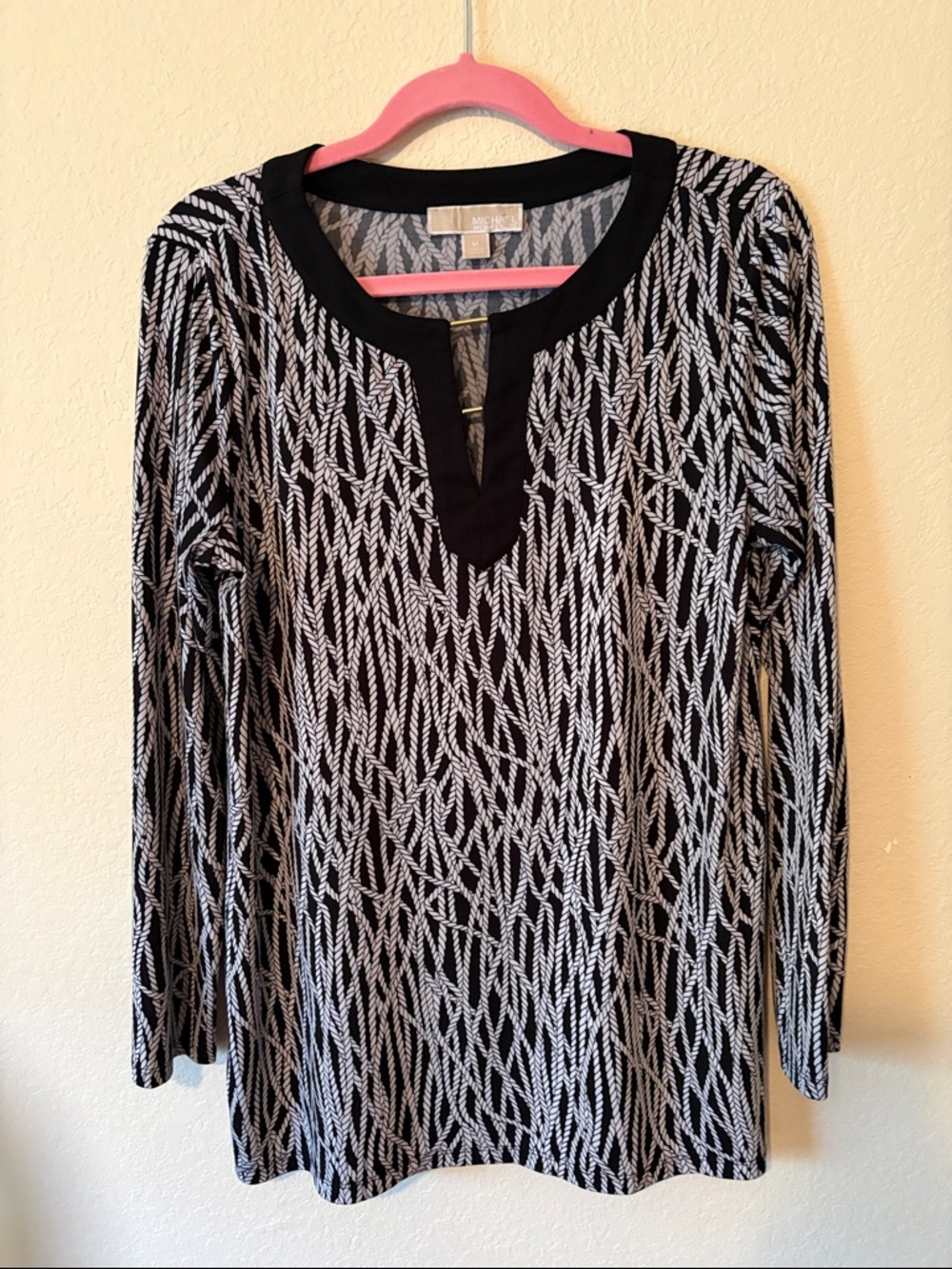 Michael Kors Black and White Rope-Print Long Sleeve Top